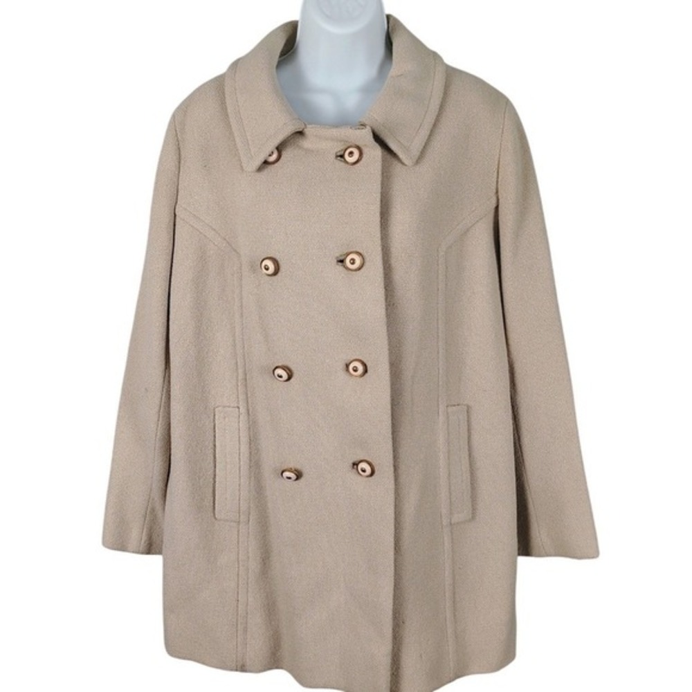 Vtg Pioneer Coat Co Beige Double Breasted‎ Pea Coat Textured Mid Length 60 70